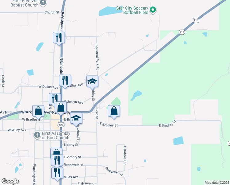 map of restaurants, bars, coffee shops, grocery stores, and more near 614 East Arkansas Street in Star City