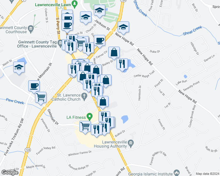 map of restaurants, bars, coffee shops, grocery stores, and more near 1 Applewood Drive in Lawrenceville