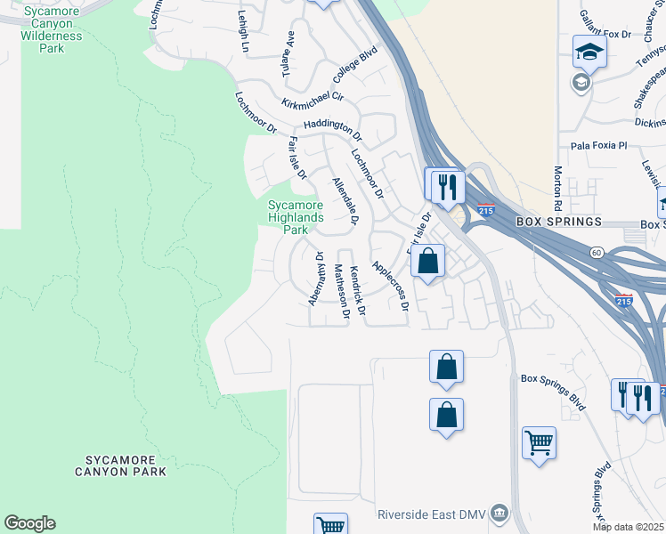 map of restaurants, bars, coffee shops, grocery stores, and more near 5905 Matheson Drive in Riverside