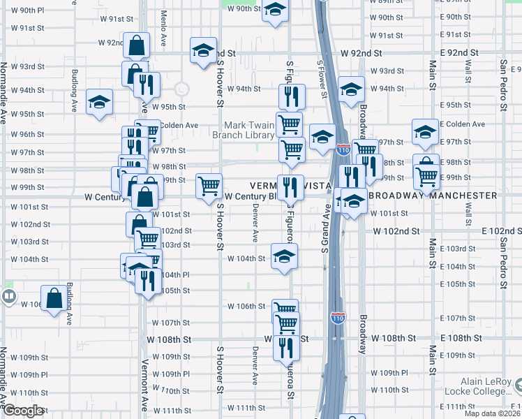 map of restaurants, bars, coffee shops, grocery stores, and more near 551 West 101st Street in Los Angeles