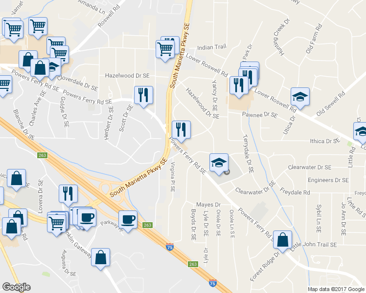 map of restaurants, bars, coffee shops, grocery stores, and more near 279 Powers Ferry Road Southeast in Marietta