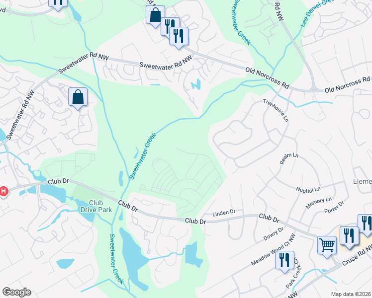 map of restaurants, bars, coffee shops, grocery stores, and more near 3124 Shady Woods Circle in Lawrenceville