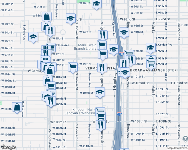map of restaurants, bars, coffee shops, grocery stores, and more near 539 West 101st Street in Los Angeles