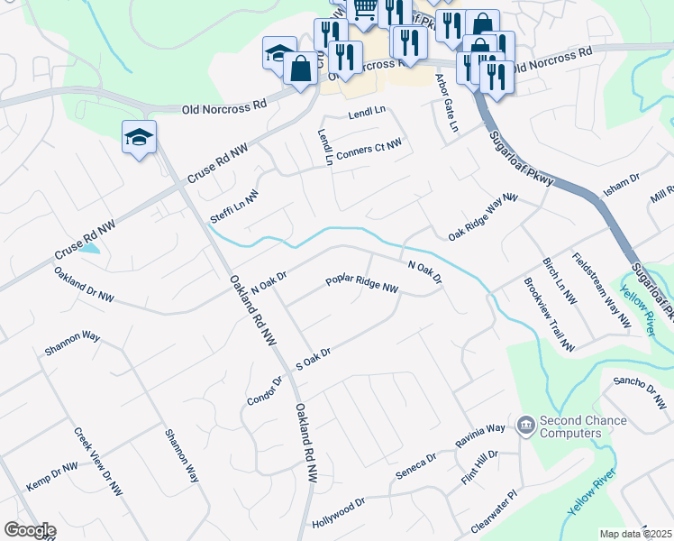 map of restaurants, bars, coffee shops, grocery stores, and more near 1973 Poplar Ridge Northwest in Lawrenceville