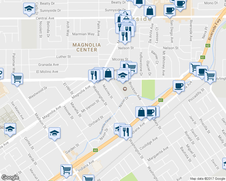 map of restaurants, bars, coffee shops, grocery stores, and more near 3702 Harding Street in Riverside