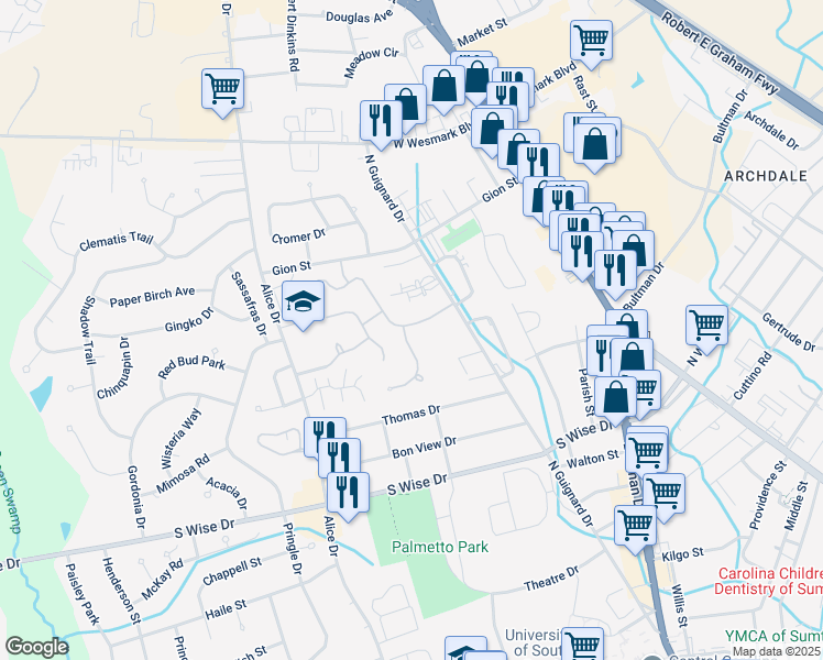 map of restaurants, bars, coffee shops, grocery stores, and more near 945 Grimble Court in Sumter
