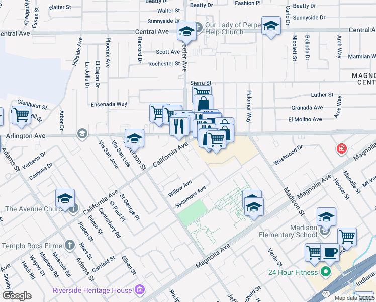 map of restaurants, bars, coffee shops, grocery stores, and more near 4166 Melrose Street in Riverside