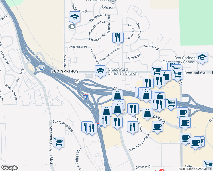 map of restaurants, bars, coffee shops, grocery stores, and more near Moreno Valley Fwy in Riverside