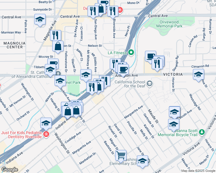 map of restaurants, bars, coffee shops, grocery stores, and more near 6652 Indiana Avenue in Riverside