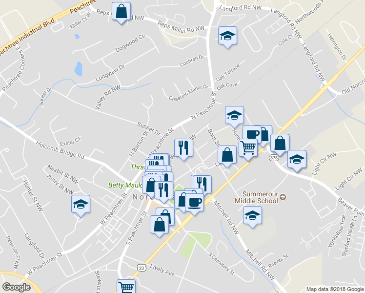 map of restaurants, bars, coffee shops, grocery stores, and more near 196 Wingo Street Northwest in Norcross