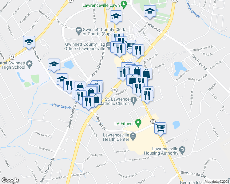 map of restaurants, bars, coffee shops, grocery stores, and more near 214 Scenic Highway South in Lawrenceville