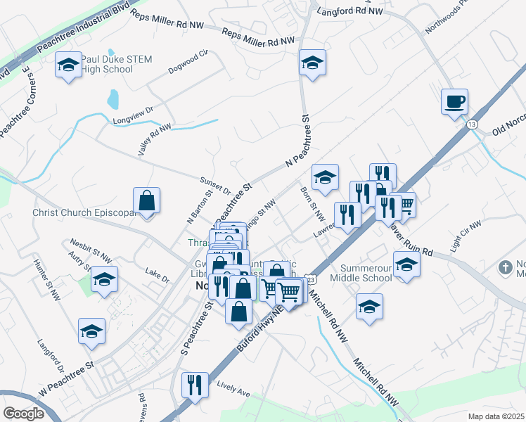 map of restaurants, bars, coffee shops, grocery stores, and more near Wingo Street Northwest in Norcross