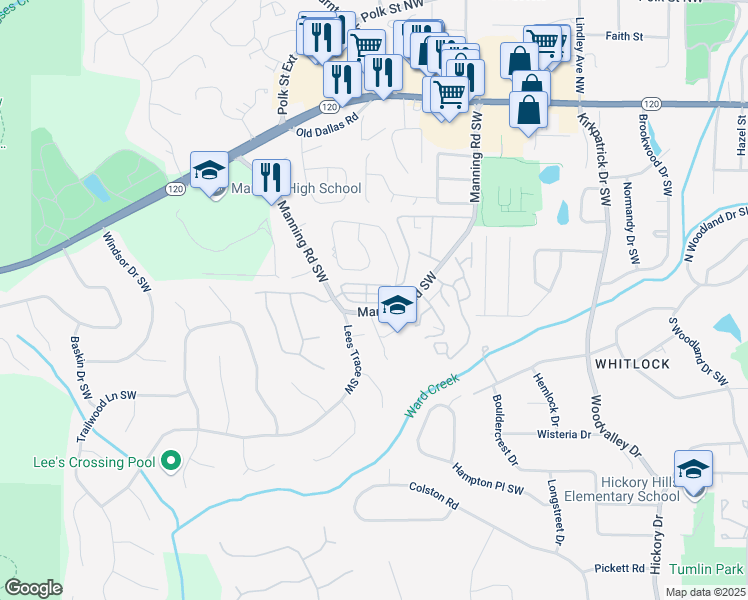 map of restaurants, bars, coffee shops, grocery stores, and more near 823 Rockford Commons Drive in Marietta