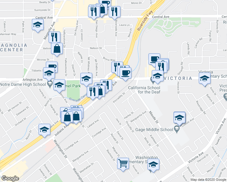 map of restaurants, bars, coffee shops, grocery stores, and more near 6652 Indiana Avenue in Riverside