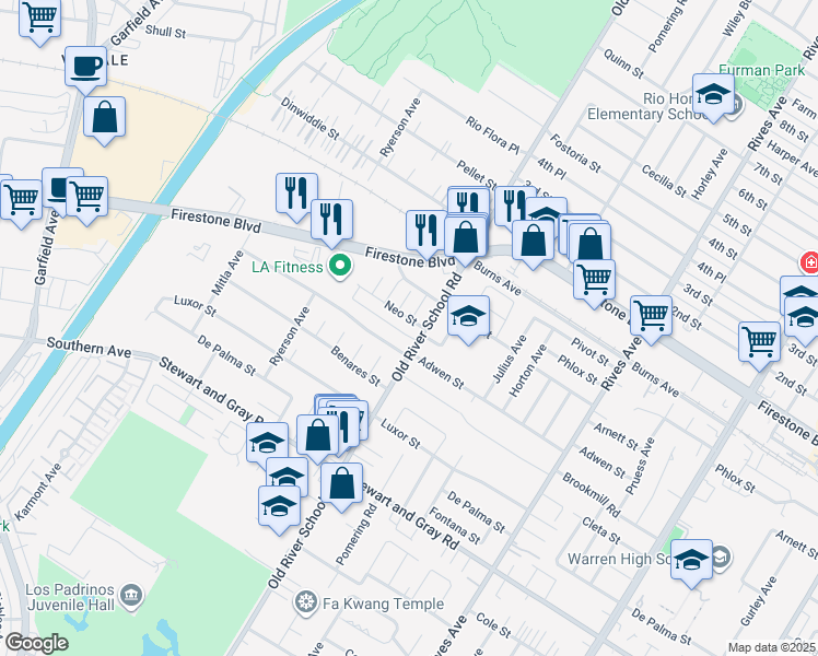map of restaurants, bars, coffee shops, grocery stores, and more near 7348 Neo Street in Downey