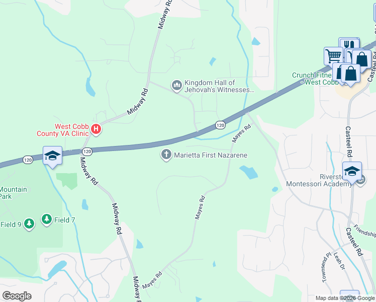 map of restaurants, bars, coffee shops, grocery stores, and more near 380 Mayes Road in Powder Springs