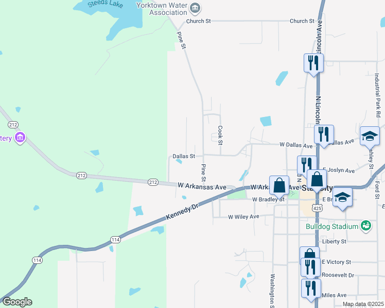 map of restaurants, bars, coffee shops, grocery stores, and more near 805 Dallas Street in Star City