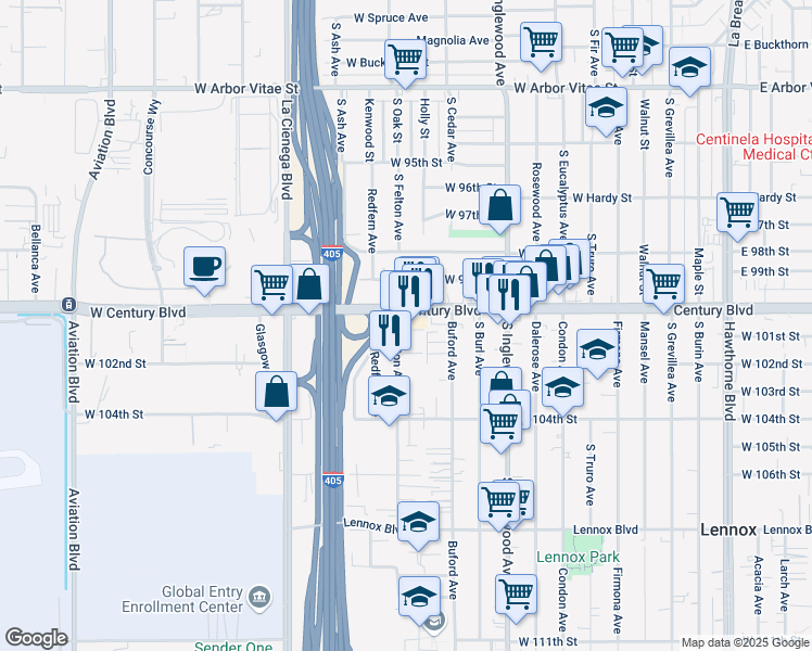 map of restaurants, bars, coffee shops, grocery stores, and more near 4956 West 101st Street in Inglewood