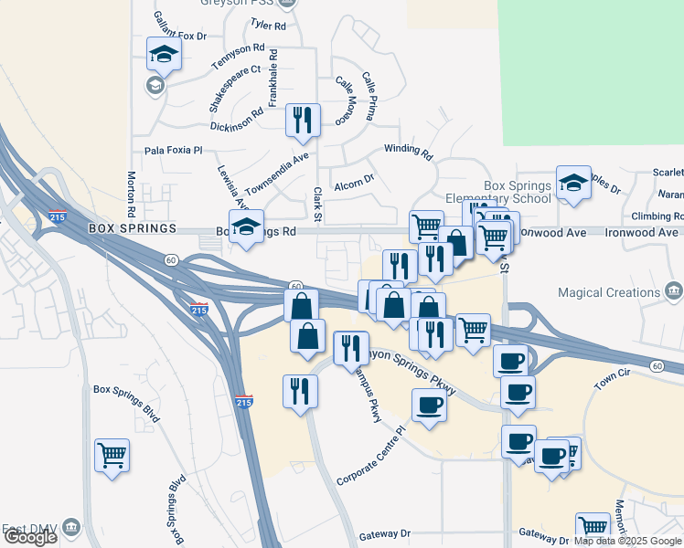 map of restaurants, bars, coffee shops, grocery stores, and more near 21595 Box Springs Road in Moreno Valley