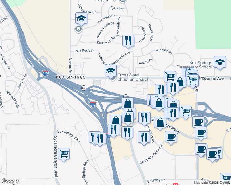 map of restaurants, bars, coffee shops, grocery stores, and more near Moreno Valley Fwy in Riverside