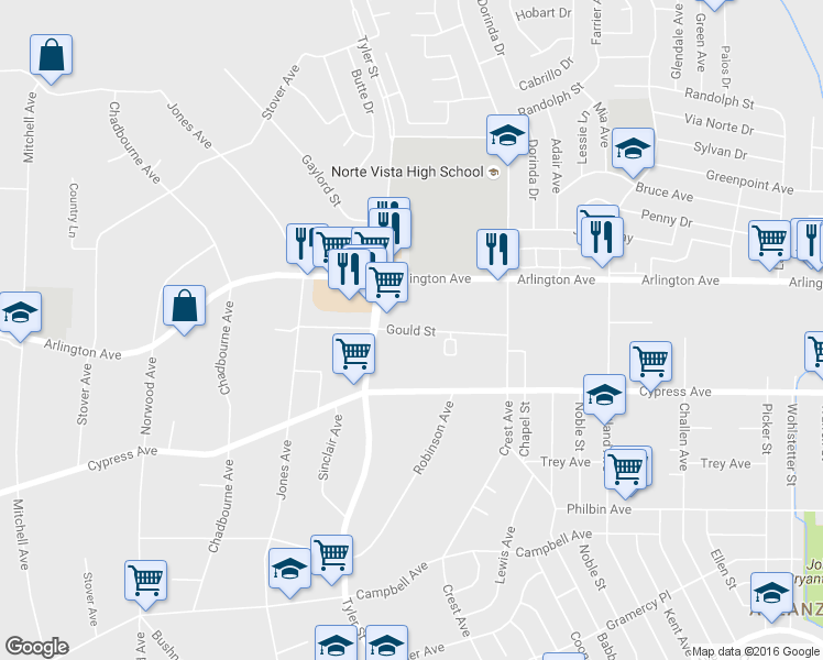 map of restaurants, bars, coffee shops, grocery stores, and more near 10235 Gould Street in Riverside