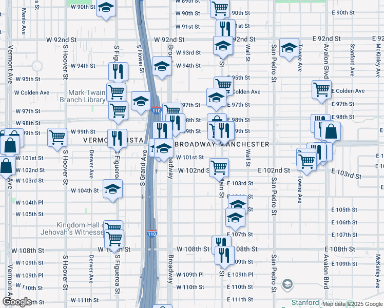 map of restaurants, bars, coffee shops, grocery stores, and more near 201 West 101st Street in Los Angeles