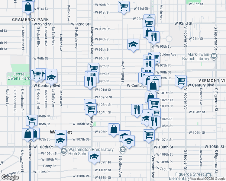 map of restaurants, bars, coffee shops, grocery stores, and more near 1228 West 101st Street in Los Angeles