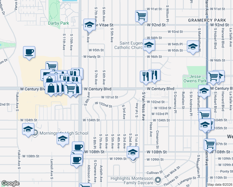 map of restaurants, bars, coffee shops, grocery stores, and more near 2508 West Century Boulevard in Inglewood