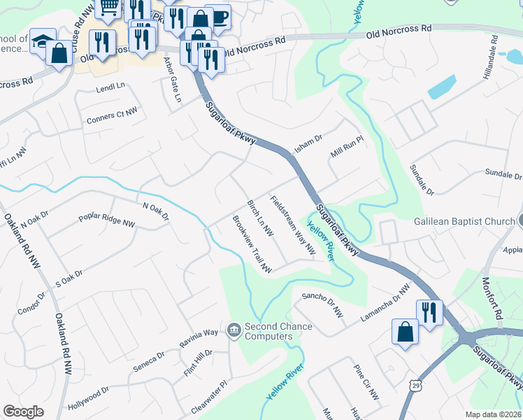 map of restaurants, bars, coffee shops, grocery stores, and more near 576 Birch Lane Northwest in Lawrenceville