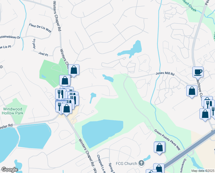map of restaurants, bars, coffee shops, grocery stores, and more near 6889 Lake View Lane in Doraville