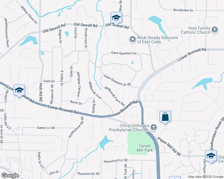 map of restaurants, bars, coffee shops, grocery stores, and more near 237 Millbrook Farm Road in Marietta