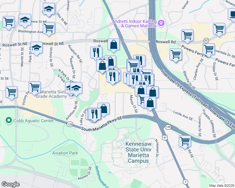 map of restaurants, bars, coffee shops, grocery stores, and more near 302 Lockheed Avenue Southeast in Marietta