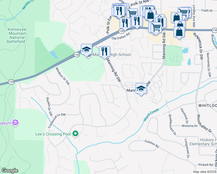 map of restaurants, bars, coffee shops, grocery stores, and more near 1075 Rockford Township Drive in Marietta
