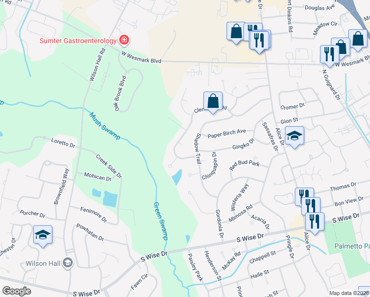 map of restaurants, bars, coffee shops, grocery stores, and more near 2446 Clematis Circle in Sumter