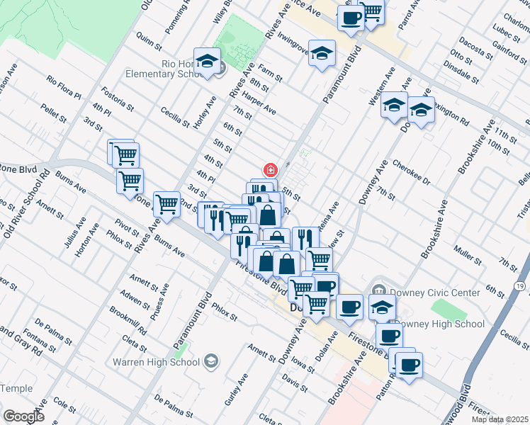 map of restaurants, bars, coffee shops, grocery stores, and more near 8018 4th Street in Downey