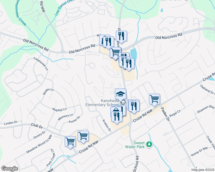 map of restaurants, bars, coffee shops, grocery stores, and more near 2800 Herrington Woods Court in Lawrenceville
