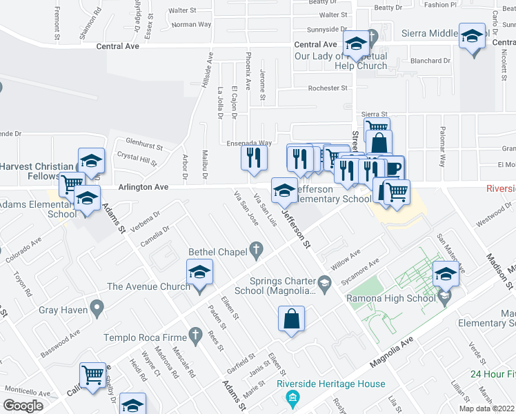 map of restaurants, bars, coffee shops, grocery stores, and more near 4326 Vía San Luis in Riverside