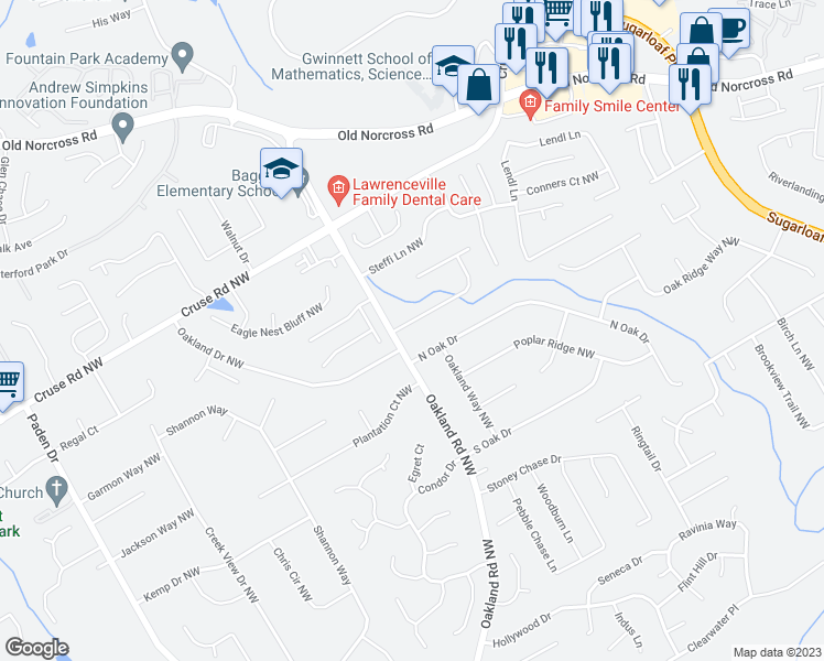 map of restaurants, bars, coffee shops, grocery stores, and more near 2076 Northland Drive Northwest in Lawrenceville