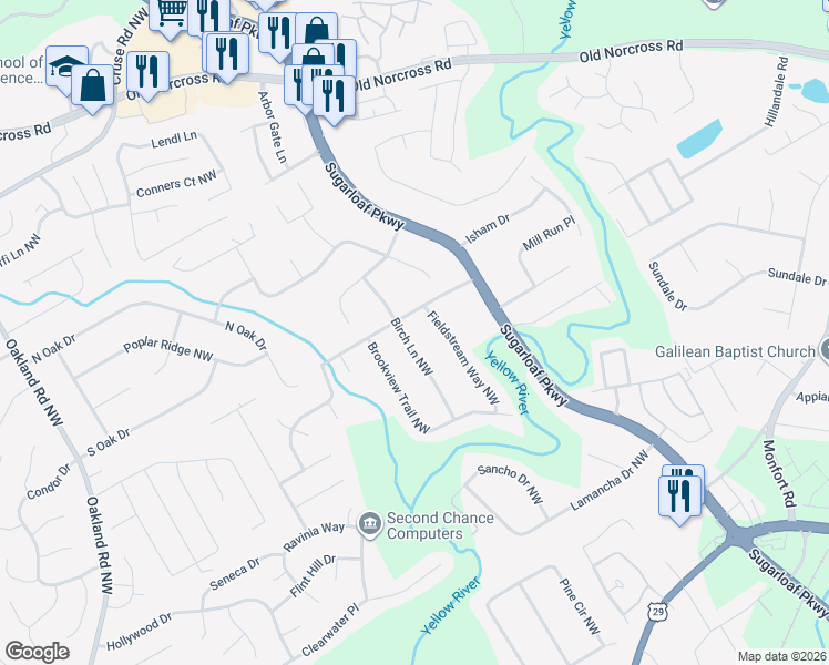 map of restaurants, bars, coffee shops, grocery stores, and more near 576 Birch Lane Northwest in Lawrenceville
