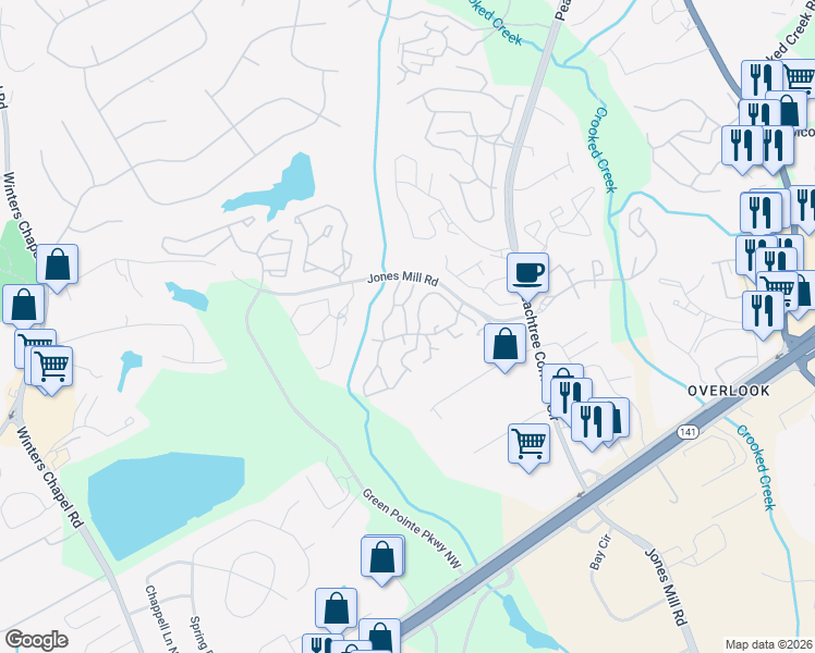 map of restaurants, bars, coffee shops, grocery stores, and more near 3374 Chelsea Park Lane in Norcross
