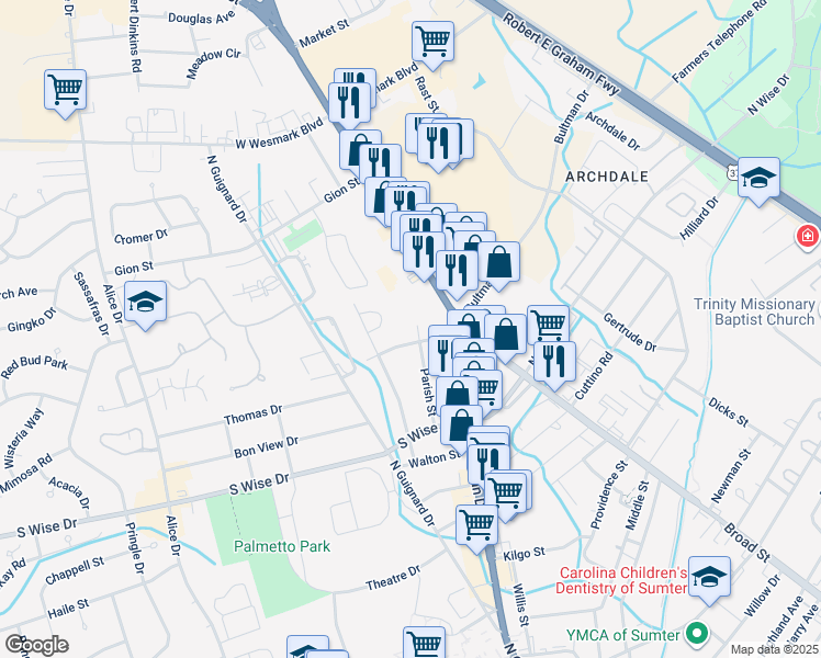 map of restaurants, bars, coffee shops, grocery stores, and more near 106 Parish Street in Sumter