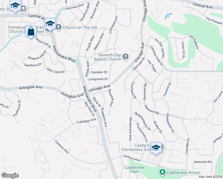 map of restaurants, bars, coffee shops, grocery stores, and more near 5980 Keswick Avenue in Riverside
