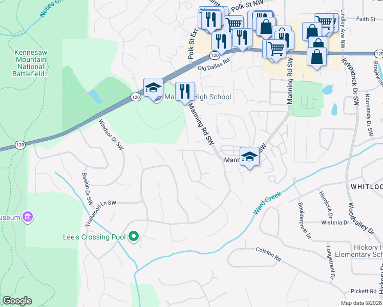 map of restaurants, bars, coffee shops, grocery stores, and more near 1075 Rockford Township Drive in Marietta