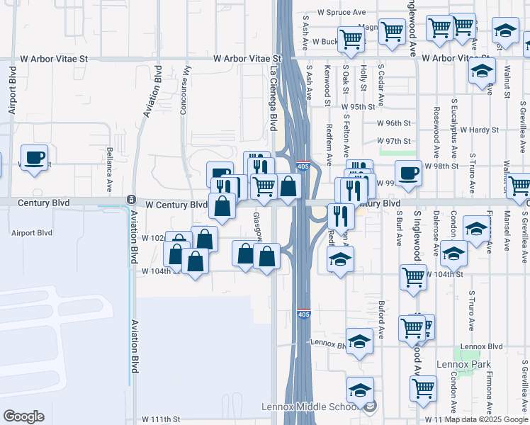 map of restaurants, bars, coffee shops, grocery stores, and more near 5200 West Century Boulevard in Los Angeles