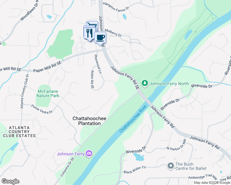 map of restaurants, bars, coffee shops, grocery stores, and more near 4860 Rivercliff Drive Southeast in Marietta