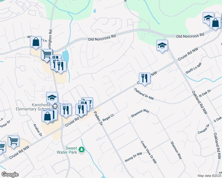 map of restaurants, bars, coffee shops, grocery stores, and more near 1038 Regency Drive Northwest in Lawrenceville
