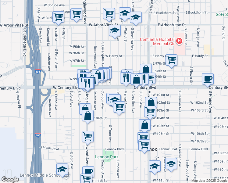 map of restaurants, bars, coffee shops, grocery stores, and more near 10005 Firmona Avenue in Inglewood