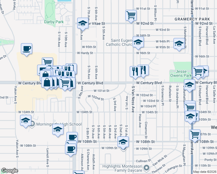 map of restaurants, bars, coffee shops, grocery stores, and more near 2508 West Century Boulevard in Inglewood