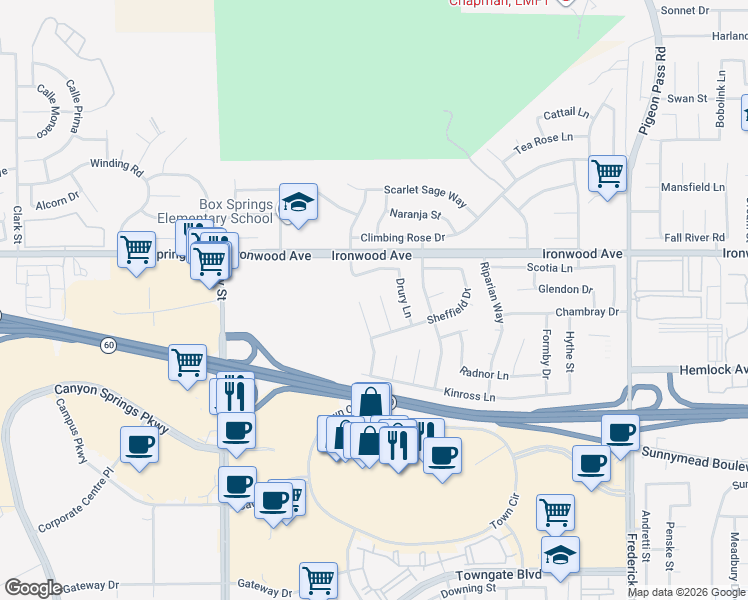 map of restaurants, bars, coffee shops, grocery stores, and more near 12065 Cambridge Court in Moreno Valley