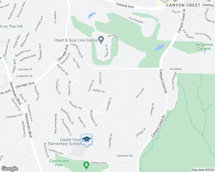 map of restaurants, bars, coffee shops, grocery stores, and more near 1260 Nicola Drive in Riverside